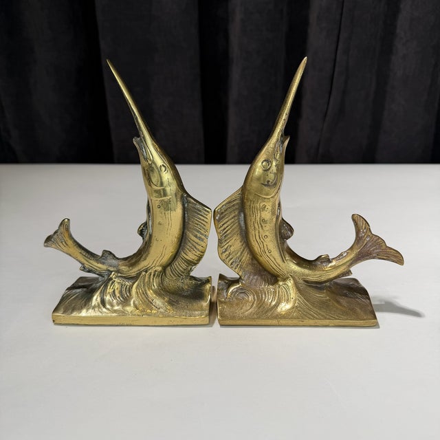Nautical Late 20th Century Swordfish Nautical Brass Bookends For Sale - Image 3 of 6