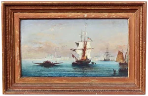Busy Venetian Harbor Scene Italian Seascape Oil Painting