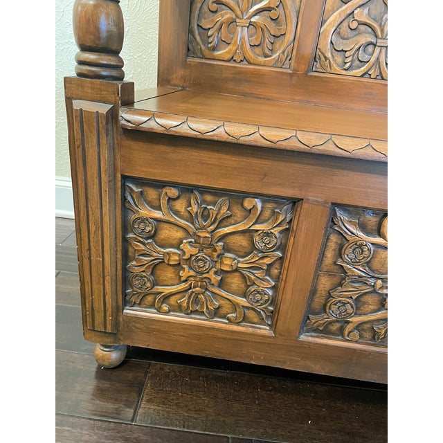 Brown Antique Hand-Carved Wood Storage Bench For Sale - Image 8 of 16