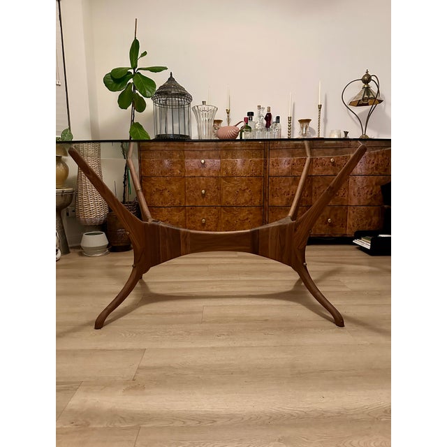 Oblong Beveled Clear Glass 62” Table With “Organic Modernism" Faux Wooden Metal Base For Sale In Los Angeles - Image 6 of 10