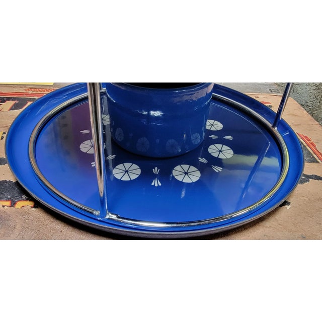 Striking space-age blue and white enameled steel fondue pot by Catherineholm (Catherine Holm) of Norway. Circa. 1960's....