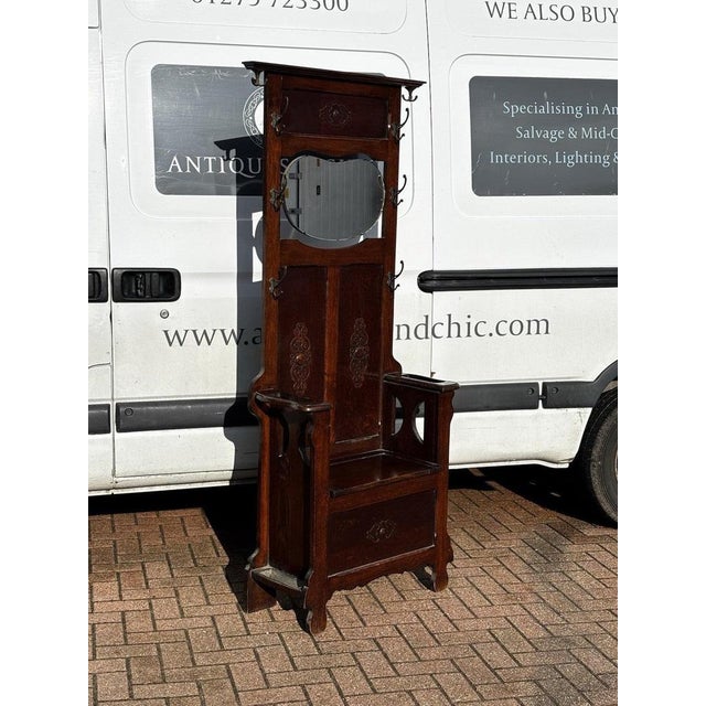 Brown Oak Coat Stand and Bench with Mirror, 1930s For Sale - Image 8 of 9