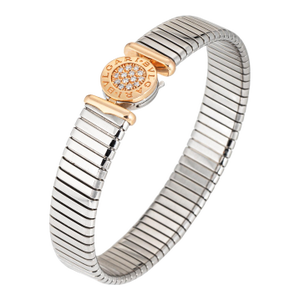 Vintage 90s Bulgari Tubogas Bracelet Diamond 18k Gold Stainless Steel Bangle