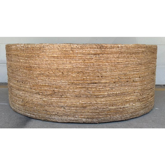Original retail $1272, stylish Organic Modern Woven Banana Round Coffee Table, showroom floor sample