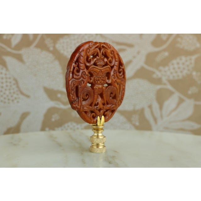 Chinoiserie Chinese Censer Form Carved Stone Lamp Finial on Brass Hardware For Sale - Image 3 of 6