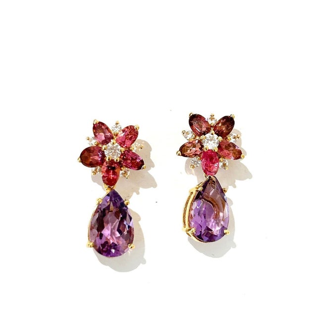 Bochic "Orient" Vintage Amethyst & Rose Rodorite Earrings Set In 18K Gold & Silver Natural White Topaz - 1 carat Natural...