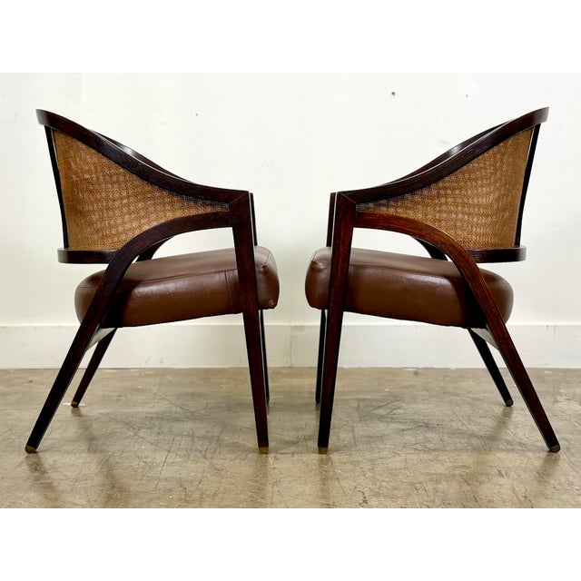Edward Wormley for Dunbar Y Back Captains Chairs - Mid Century Rosewood + Leather + Cane For Sale - Image 10 of 12