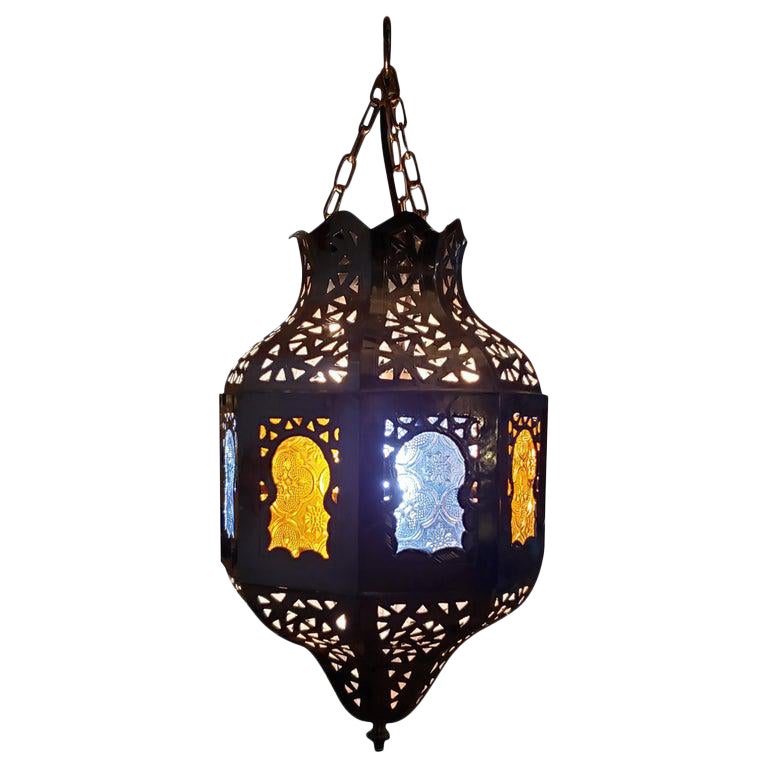Moroccan Copper Ceiling Lamp Or Lantern With Blue Yellow Glass