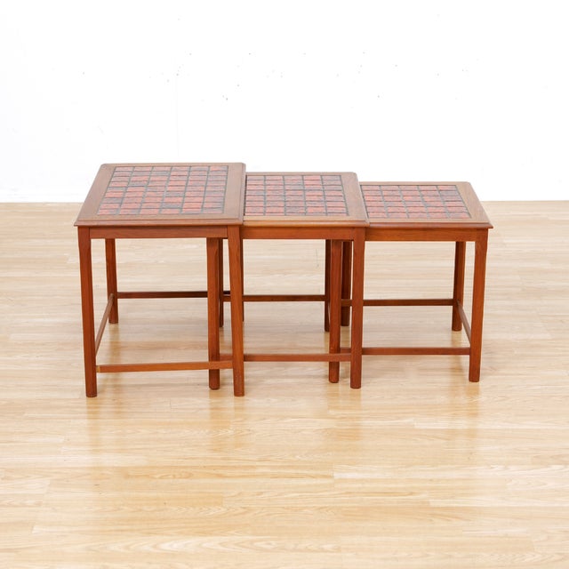 Red 1960s Danish Modern Teak & Tile Top Nesting Tables For Sale - Image 8 of 9