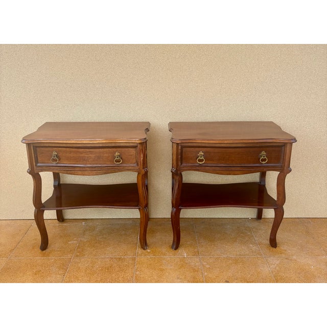 Spanish Wood Bedside Tables with Drawers and Lower Shelves, 1940s, Set of 2 For Sale - Image 4 of 12