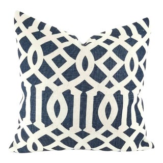 Schumacher Imperial Trellis II Ivory and Navy Pillow Cover For Sale