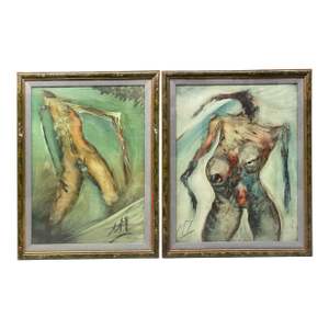 A Pair of Large Abstract Watercolor Paintings of a Nude Couple