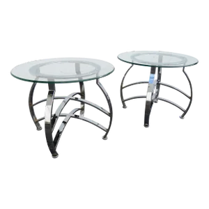 Hollywood Regency Mid Century Pair of Chrome Glass Top Side Tables