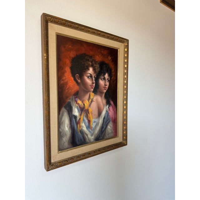 Original 1960s oil on canvas painting signed S. Hilgle, depicting an intimate figurative portrait of a young girl and boy...