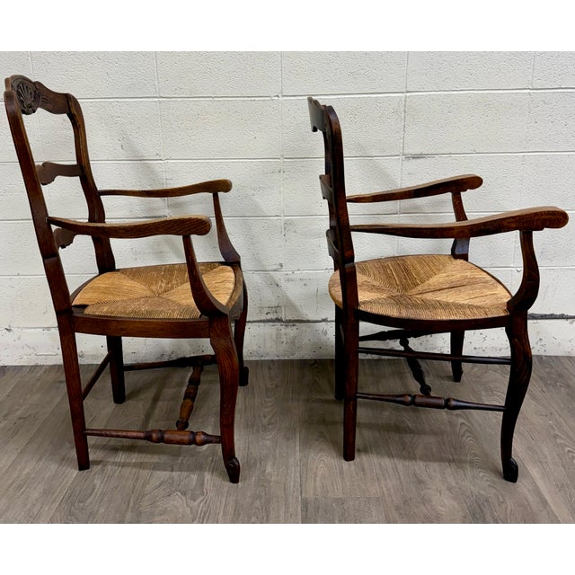 Antique French Country Style Louis XV Style Ladder Back Rush Seat Arm Chairs For Sale - Image 9 of 10