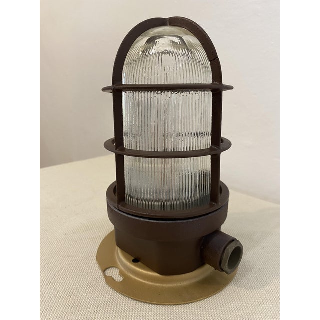 Brown Vintage Industrial Caged Bulkhead Ceiling Light with Ribbed Glass, 1970s For Sale - Image 8 of 14