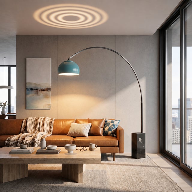 The Iconic Arc Lamp is a Mid-Century Modern masterpiece with a Black Nickel steel body and a striking Half-Dome Turquoise...