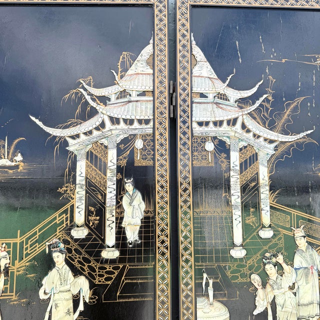 Mid 20th Century Chinese Hand Painted and Mother of Pearl Room Divider/Screen - 4 Panels For Sale - Image 5 of 12