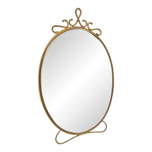 1950s Oval Brass Vanity Mirror With Decorative Frame For Sale