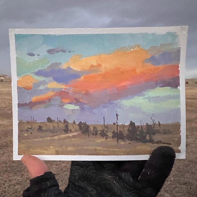This gouache painting captures a serene landscape at Chatfield Farms, showcasing a soft interplay of colors in the sky,...