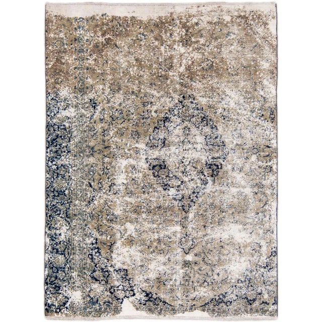 Vintage Handmade Medallion Motif Tan and Blue Distressed Wool Rug For Sale - Image 11 of 11