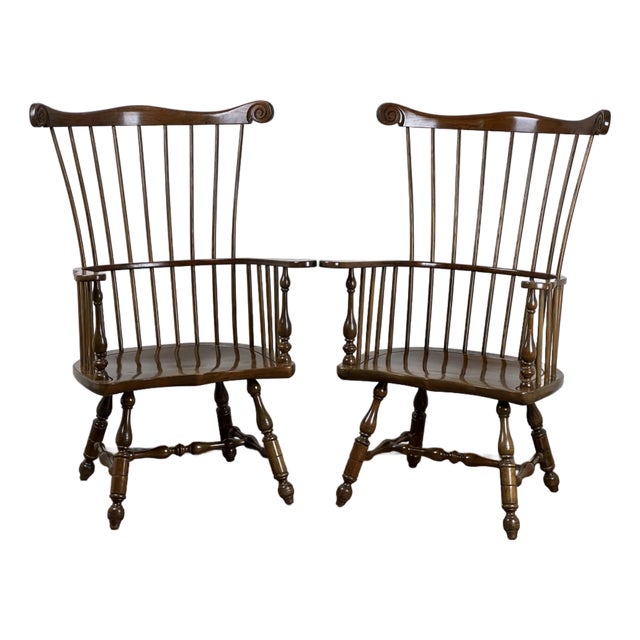 Pair Vintage Stickley Cherry High Back Windsor Chairs For Sale