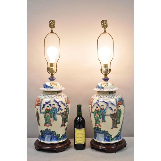 Vintage Chinoiserie Oriental Oatmeal Colored Ginger Jar Ceramic Figural Painted Table Lamps with Dimmer Switches - a Pair....