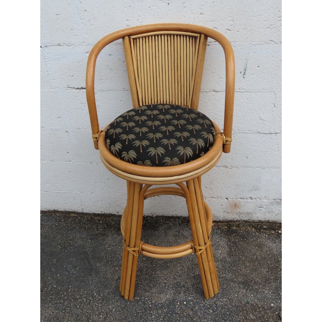 Hollywood Regency Swivel Bamboo Rattan Barstools a Set of Three 6380 For Sale - Image 9 of 17