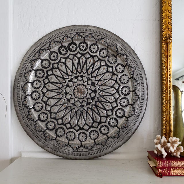 Silver Black and Copper Hand Chased Ghalamzani Round Persian Hanging Tray For Sale - Image 6 of 10