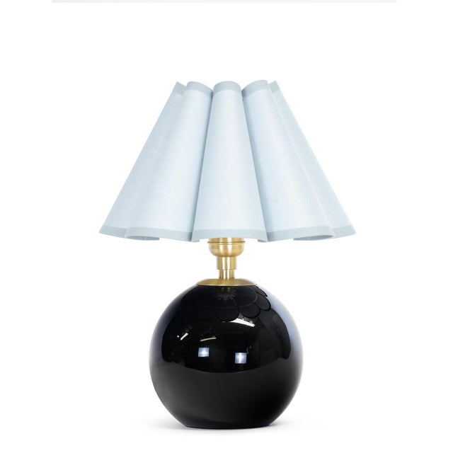 Contemporary Giorgio Black Glass Mini Lamp, Natural Brass with Mist Blue Scalloped Shade For Sale - Image 3 of 3