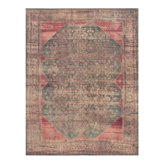 1880s Rare Green Field Large Scale Medallion Antique Malayer Room Size Rug For Sale
