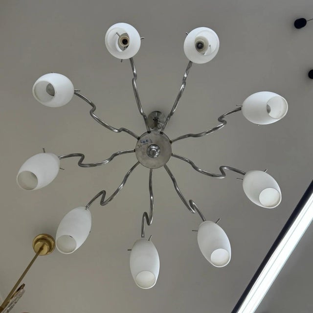 Modernist 9-Light Scenographic Chandelier in Glass and Steel, 1970s For Sale - Image 9 of 10