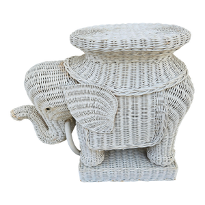 White Wicker Elephant With Tusks Side Table