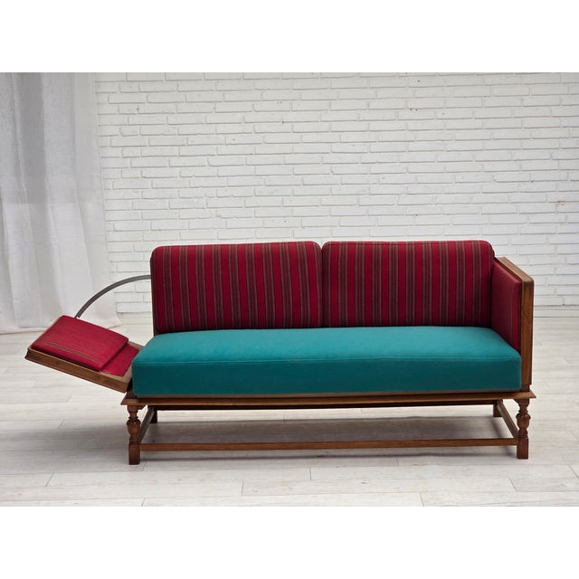 Danish 2-Seater Drop Arm Sofa in Striped Red Wool and Oak, 1950s For Sale - Image 6 of 18