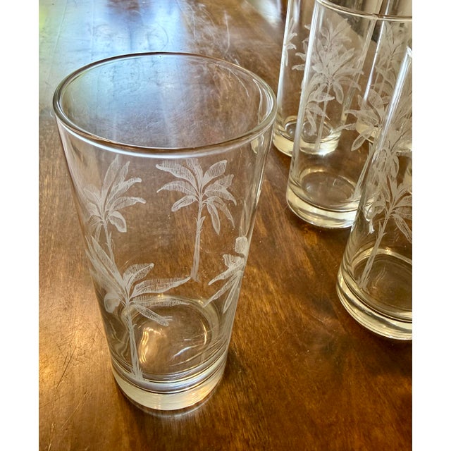 This set of eight clear glass highball tumblers feature a prominent etched palm tree design around the circumference....