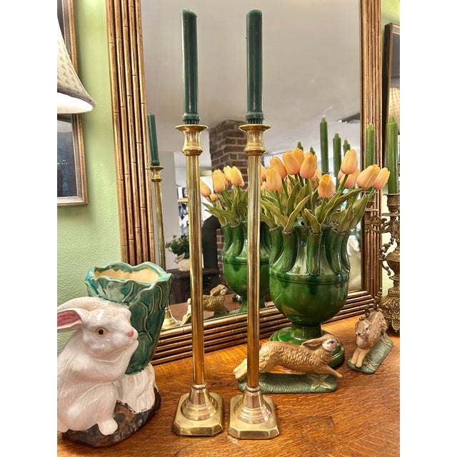 American Mid to Late 18” Solid Brass Column Form Candlesticks With Octagonal Bases Vintage Hollywood Regency For Sale - Image 3 of 7