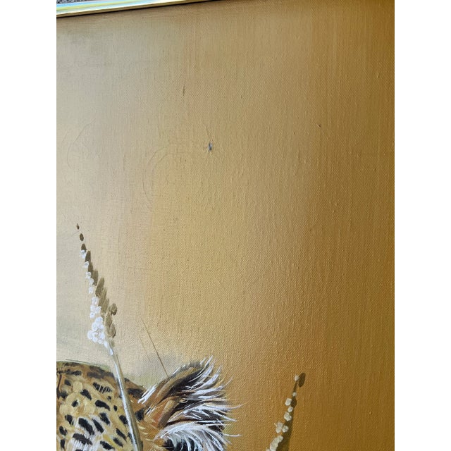 Metal Vintage Mid Century Postmodern 1970s Large Leopard Oil Painting Brass Frame Cat For Sale - Image 7 of 9