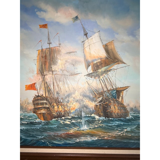 1950s J. Harvey Naval Battle Maritime Oil on Canvas Painting For Sale - Image 11 of 12