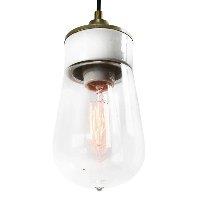 Mid-Century Modern Mid-Century Modern Industrial White Porcelain and Clear Glass Pendant Lamp For Sale - Image 3 of 5