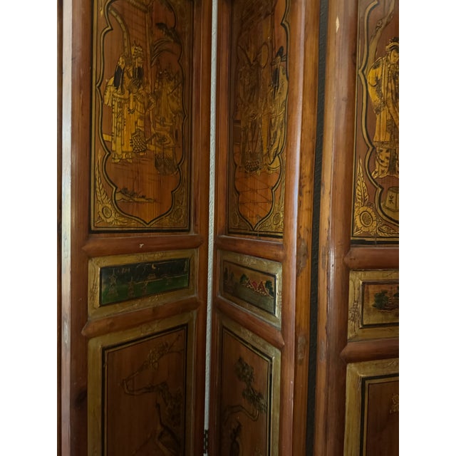 Wood Vintage Seven Panel Chinoiserie Figural Wood Tabletop Folding Screen For Sale - Image 7 of 8