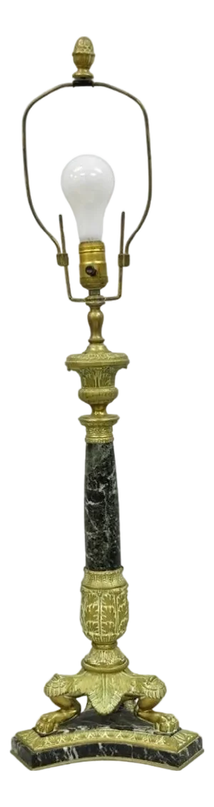 Antique French Empire Regency Gilt Bronze & Marble Column Paw Foot Table Lamp