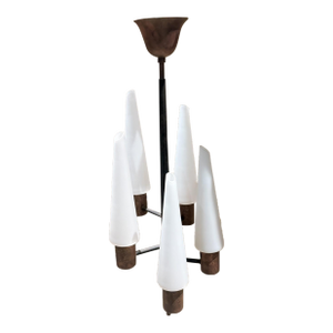 1950s Five Light Black Chandelier Patinated Brass Italy
