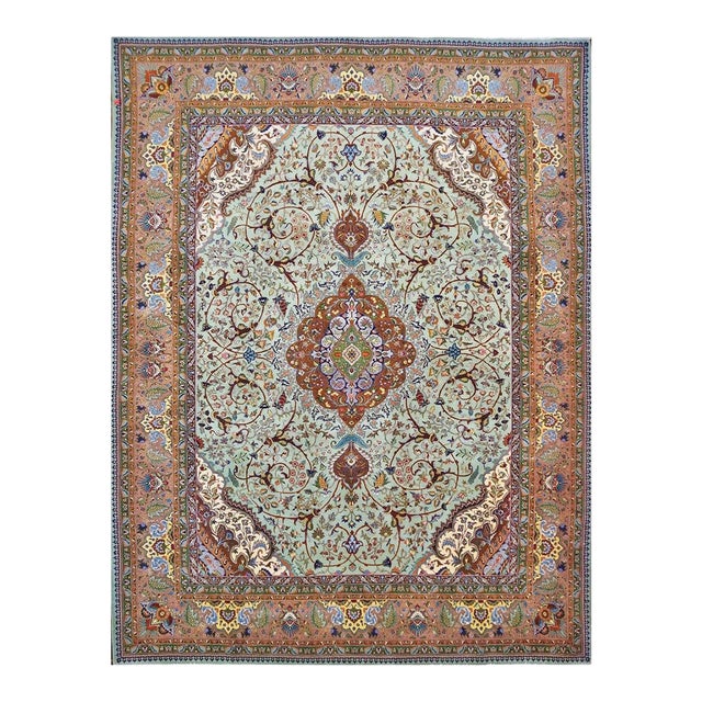 Antique 1930s Persian Tabriz Wool 9x13 Light Green & Light Clay Handmade Area Rug #9902254 For Sale