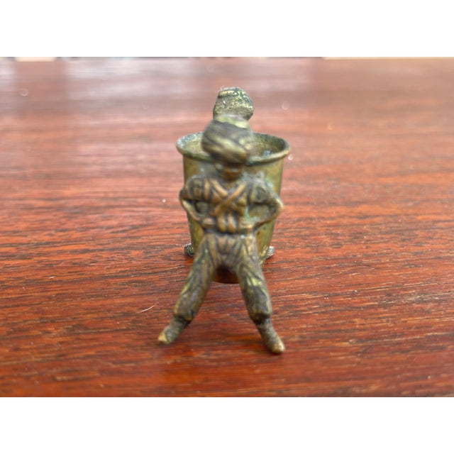 Folk Art 1960s Folk Art Brass Toothpick/Match Holder Thimble Basket Held by 2 Turkish Workmen For Sale - Image 3 of 5