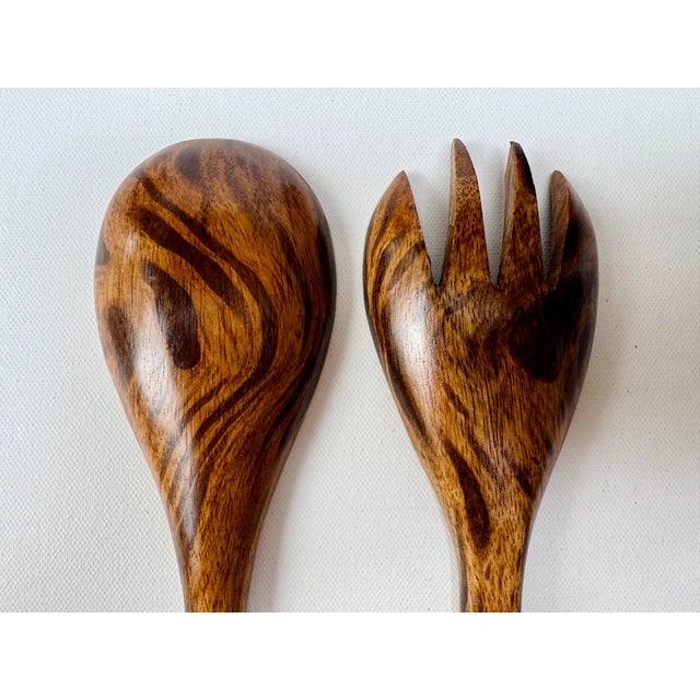 Vintage Hand-Turned Exotic Wood Salad Bowl With Servers - 3 pcs For Sale - Image 9 of 13
