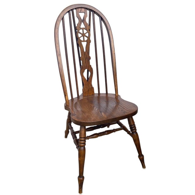 Brown Vintage Mid-Century Oak Wheel Fiddleback Windsor Chairs -Set of 6 & Oak Claw Foot Dining Table - Set of 7 For Sale - Image 8 of 11