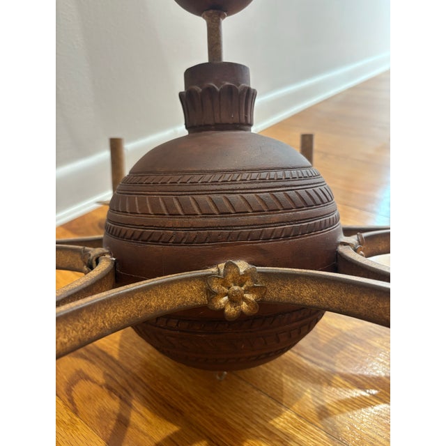 Spanish Revival Late 20th Century Carved Wood & Iron Six-Light Chandelier For Sale - Image 3 of 6
