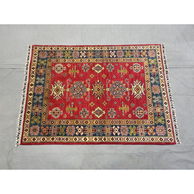 Art Deco Red and Navy Kazak Wool Tribal Area Rug, 3'5" X 4'8" For Sale - Image 3 of 16