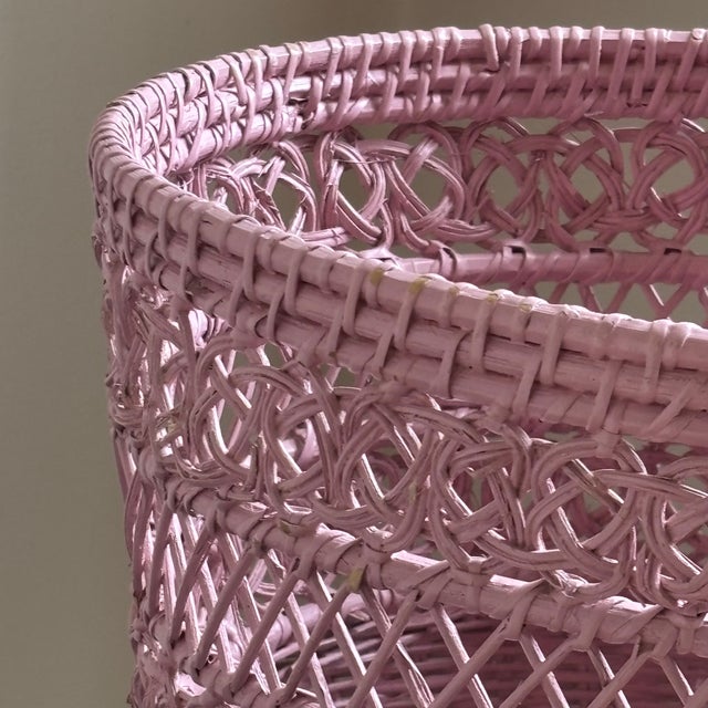Mid-20th Century Bubble Gum Pink Wicker Wastebasket For Sale - Image 10 of 17