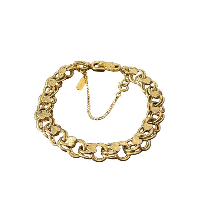 Monet Vintage Monet Signed Gold-Tone Textured Heart Link Charm Bracelet | Mid-Century Designer Costume Jewelry For Sale - Image 4 of 8